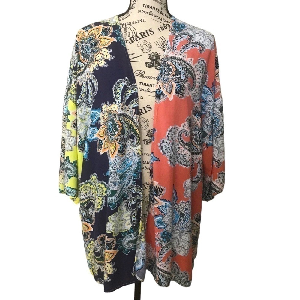 Umgee Kaftan Kimono Open Front Cardigan Paisley Floral Print